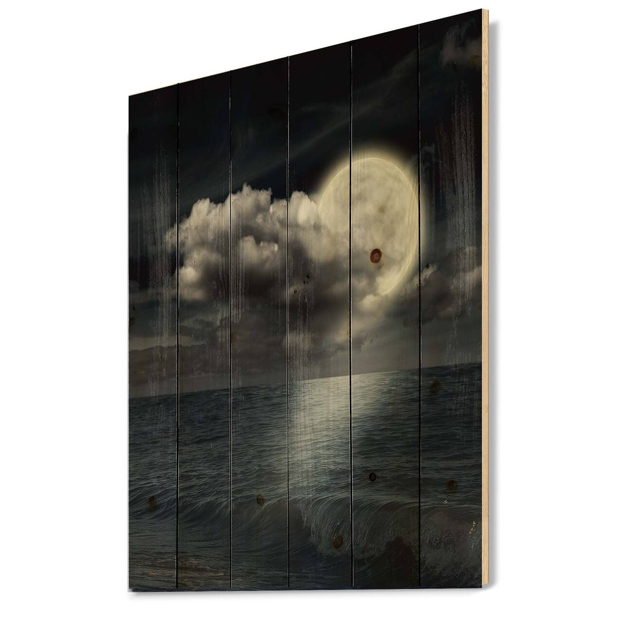 Designart - Full Moon In Cloudy Night Sky VI - Nautical & Coastal Print on Natural Pine Wood